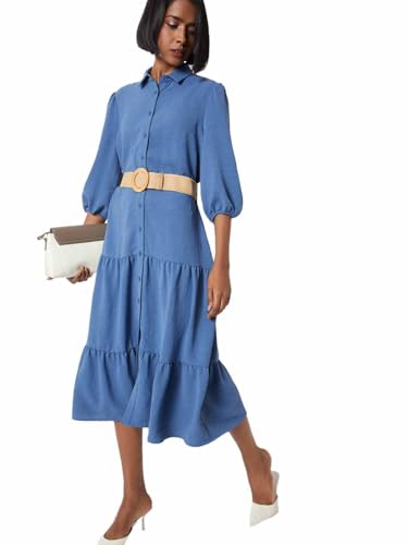 Max Women Textured Tiered Dress with Belt(Blue_L)