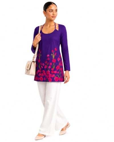 Threadflix Women Floral Printed Long Sleeve Tunic Top | Stylish Cut-Out Neck Casual Kurti | Corset Back & Laila Kurti | Soft Stretch Western Top for Women & Girls
