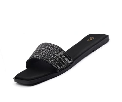 LOUIS STITCH Women’s Stardust Black Elegant Flat Sandals with Rhinestone Studded Straps | The Embellished Series | Luxury Comfort Slip-On Flats for Women | Perfect for Travel, Casual & Daily Wear | LSLD-FL05-JB | UK-3
