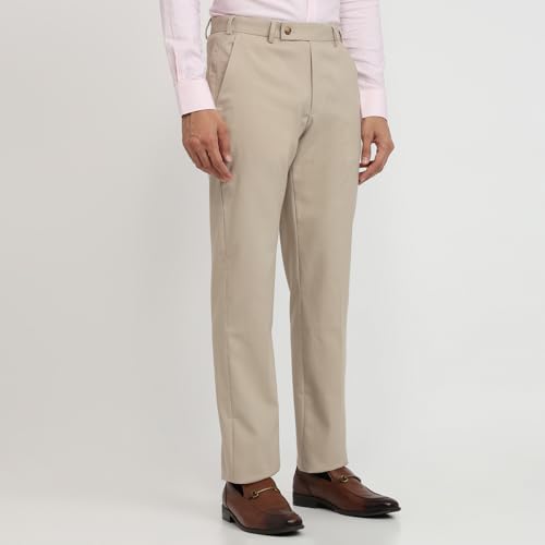 Park Avenue Men Regular Fit Solid Pattern Poly Viscose Blend Flat Front Formal Trouser Fawn