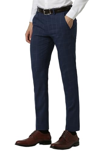 Peter England Men Blue Check Ultra Slim Fit Formal Trousers