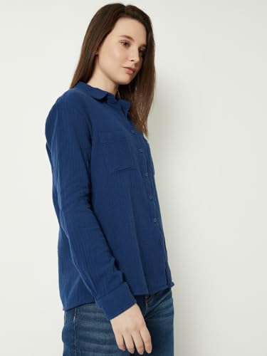 Max Women Textured Shirt with Pocket (Blue_XL)