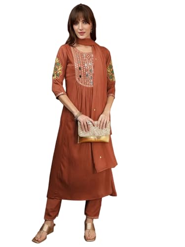 NIVANA Mirror Embroidered Kurta with Pant & Embroidered Dupatta | XL | Rust