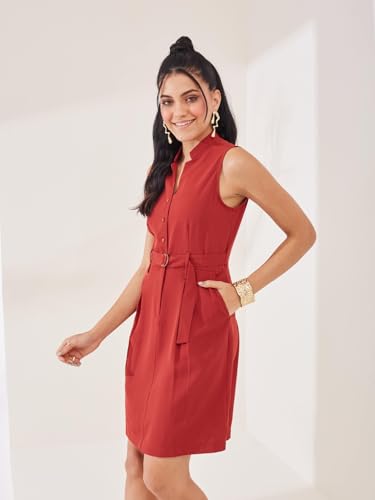 Latin Quarters Women's Rust Solid Sleeveless Mandarin Neck Casual Shirt Dress_L
