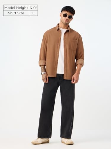 The Souled Store Corduroy Shirt: Redwood Men and Boys Long Sleeve Spread Collar Solid Casual Everyday Office Wear Easy to Style Cotton Relaxed Shirt
