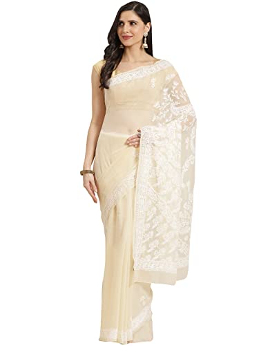 Ada Hand Embroidered Chikankari Georgette Fawn Saree for Women A130223
