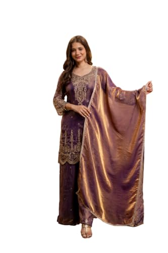 Women's Embroidered Silk Blend Kurta Set With Dupatta And Palazzo