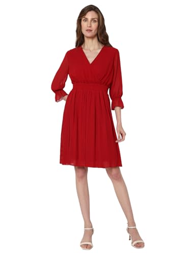 VERO MODA Women Textured Polyester Knee Length Red Fit & Flare Dress