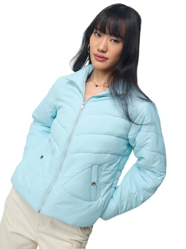 The Souled Store Hearts Women and Girls Full Sleeves Spread Collar Light Blue Chevron Quilted Polyester Oversized Fit Lightweight Casual Puffer Jacket