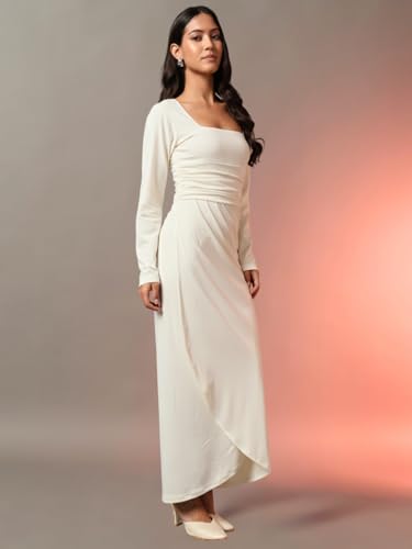 Trend Arrest.ed Women's Draped Bodycon Maxi Dress | Long Sleeve Square Neck Gown | Elegant Ruched Party Dress (Off White,XL)