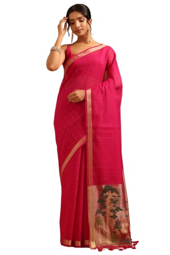 Soch Womens Fuchsia Tissue Weave Woven Design Zari Woven Sequin Detail Saree