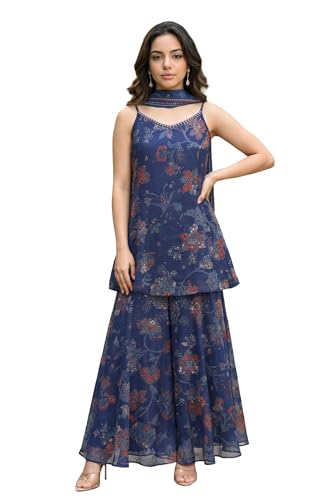 W for Woman Navy Blue Floral Printed Chiffon Noodle Straps Straight Kurta with Sharara and Dupatta Set - (WS13579-127193-S)