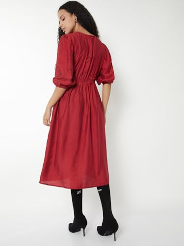 Max Women Solid Twisted A-line Midi Dress(Red_L)