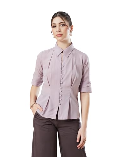 Latin Quarters Women's Pink Half Sleeves Solid Collared Casual Shirt_S