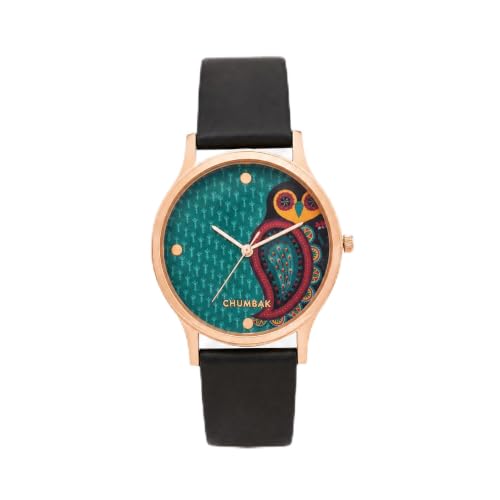 TEAL BY CHUMBAK Round Dial Analog Watch for Women,Folksy Owl Collection, Solid Vegan Leather Strap,Gifts for Women/Girls/Ladies,Stylish Fashion Watch for Casual/Work - Black