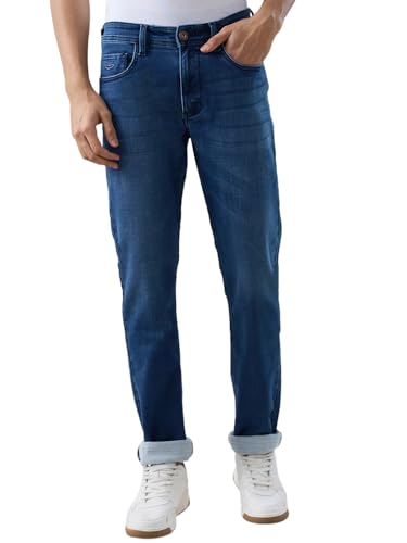 Park Avenue Men Slim Fit Solid Pattern Cotton Blend Flat Front Casual Jeans Blue