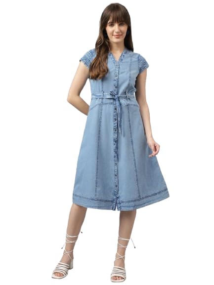 Latin Quarters Women Blue Cap Sleeve Casual Solid Dress_L