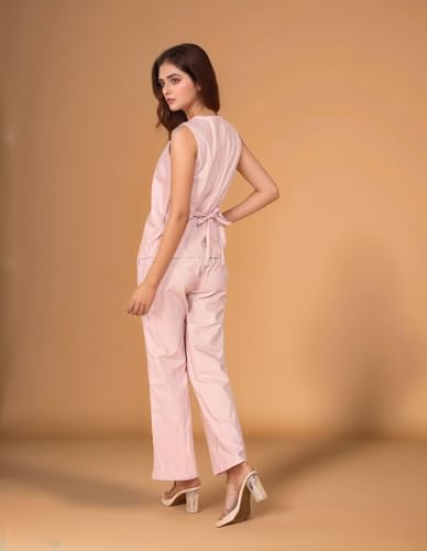 Fashfun Women's Solid Waist-Coat Co-ord Set Pink