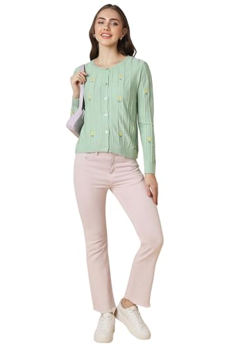 Women Green Embroidered Round Neck Casual Sweater