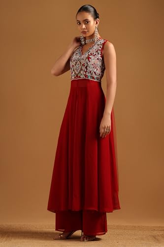 Soch Womens Red Georgette Botanical Salwar Suit With Beads And Stones