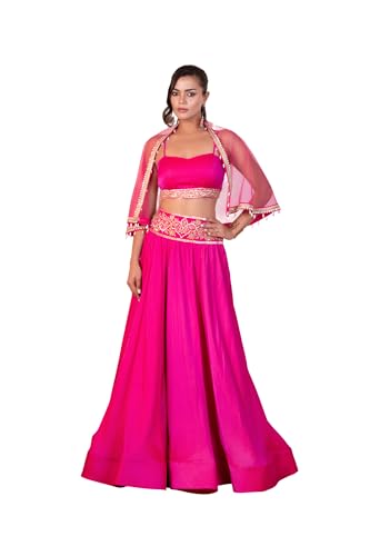 The Behruz Theory Hot Pink Hand-Embroidered Cape Lehenga Set (Pink, Extra Large)