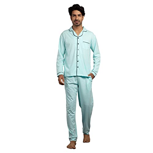 NITE FLITE Aqua Mens 100% Cotton Nightwear | Top and Pyjama Set (Mint, S)