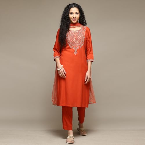 BIBA Women's Burnt Orange Rayon Straight Kurta Pants Suit Set_42