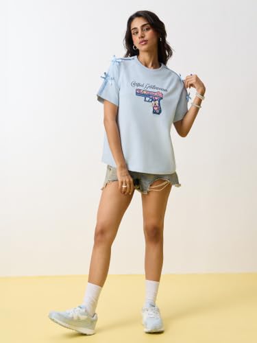 The Souled Store Gentlewomen Women and Girls Short Sleeve Round Neck Light Blue Embroidered Cotton Oversized Breathable Ribbon Tie T-Shirts
