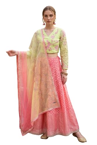 Wishful Women's Pink Mirror Work Embroidered Blouse with Skirt and Dupatta Set - (SP13598-225017-XL)