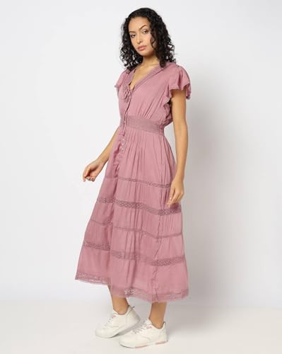 Women's Lace Print Tiered Half V-Neck Dress