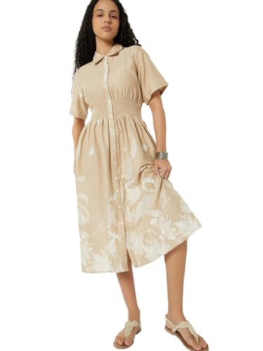 Max Women Printed A-line Shirt Dress (Beige_L)