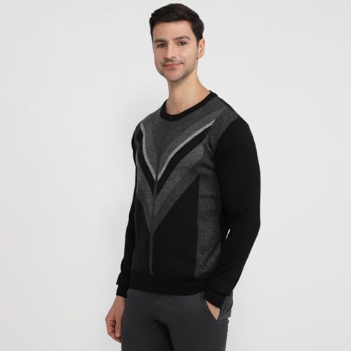 Raymond Men Regular Fit Intarsia Pattern Merino Wool Acrylic Blend Full Sleeve Round Neck Casual Sweater Black