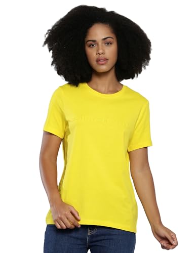 Tommy Hilfiger Women's Solid Regular Fit T-Shirt (S24HWKT249_Yellow