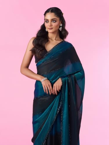 MOHEY Women's Organza Printed & Stone Work Saree with Blouse Piece (Teal Blue)