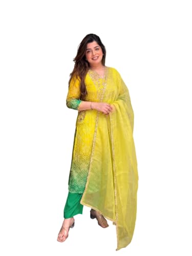 VARNI FABRICS: A lady's First Love Women's Yellow Silk Blend Embroidered Straight Kurta Set With Pant And Dupatta