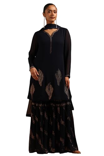 Soch Womens Navy Blue Georgette Embellished Suit Set With Mukaish Work