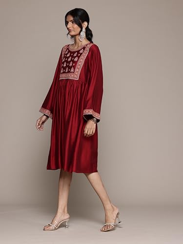 Aarke Ritu Kumar Round Neck Full Sleeve Solid with Embroidery Dress Red