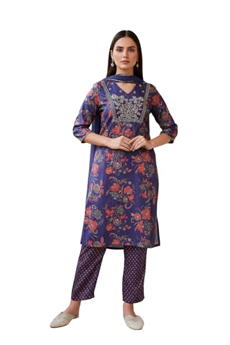 W for Woman Purple Floral Printed Japanese Satin Straight Kurta with Straight Pant and Dupatta Set (WS13280-126644-M)