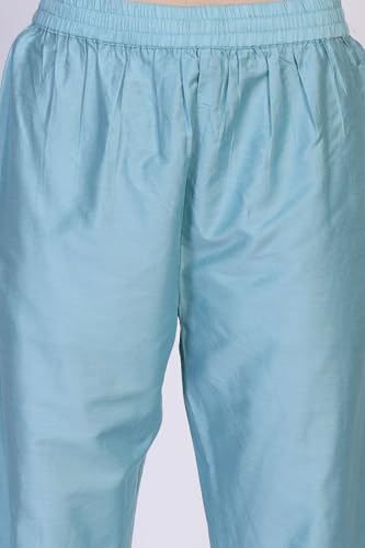 W for Woman Floral Printed Sequined Flared Chanderi Kurta with Pant and Dupatta Set - Turquoise (WS13204-126198-XS)