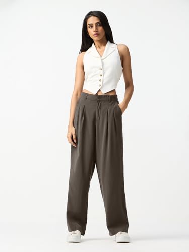 The Souled Store Pleated Trousers: Taupe Women and Girls Solid Viscose Blend Straight Fit Mid Rise Wide Leg Pleated Front Elastic Back Pants