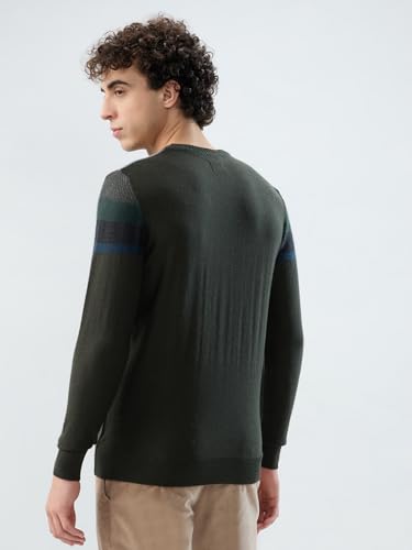 Raymond Men Regular Fit Stripe Pattern Merino Wool Acrylic Blend Full Sleeve Round Neck Casual Sweater Green