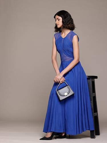 Label RITU KUMAR Round Neck Sleevelesss Solid Long Dress Royal Blue