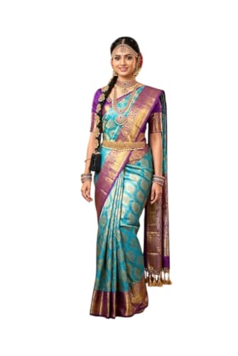 VFCollections Women's Traditional Handloom Kanchipuram Silk Pure Pattu Sarees | Royal Border | Unstitched Blouse