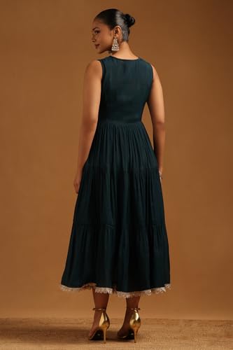 Soch Womens Teal Chanderi Floral Dress with Zari