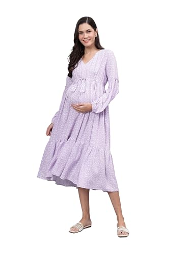 Miga Women's Maternity Dress with V Neck and Feeding Zipper, Pocket and Adjustable Tie-Knot Waist, Puff Sleeve Lilac