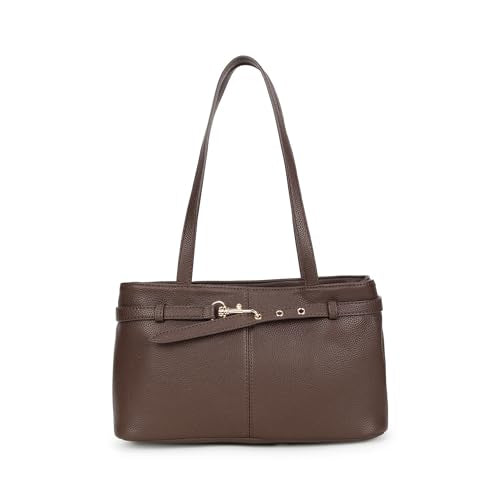 Fastrack Gilded Lock Brown Shoulder Bag | Pebbled Faux Leather Handbag with Swivel Clasp Front | Spacious Zip Closure Bag with Organizer Pockets & Dual Handles