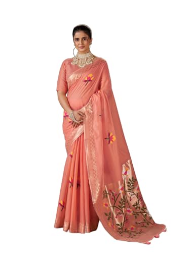 SWORNOF Women's Linen Cotton Silk Saree with Unstitched Blouse Piece | Saree for Women | Saree with Blouse Piece | Soft and Skin Friendly (ORANGE1)