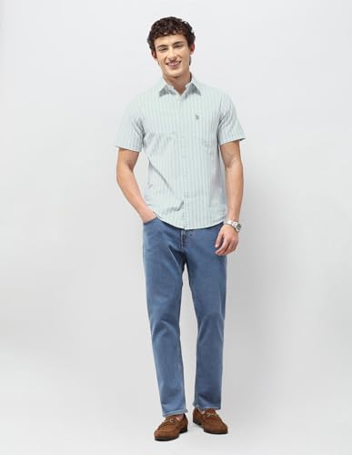 U.S.Polo Association Men's Vertical Striped Regular Fit Shirt (USSHT3402H_Light Green_39)