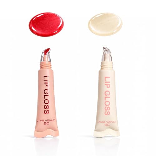 CRAZY GIRL Korean Crystal Glaze Moisturizing Lip Gloss | Kawaii Cute Tube | Strawberry, Honey & Jojoba Oil Infused | Hydrating Non-Sticky Glass Shine Lip Gloss for Girls & Women (Royal Red + Clear Vanilla)