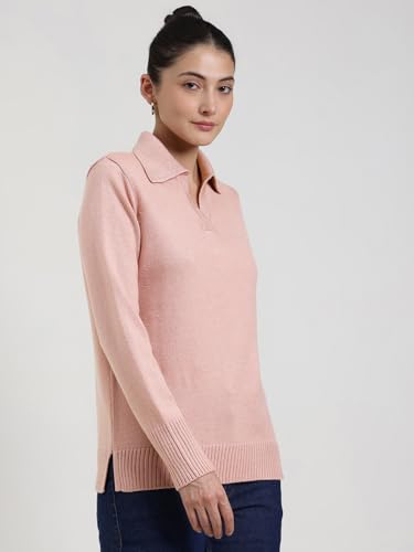 FableStreet Women Sweater Casual | V-Neck Polo Collar Design with Long Sleeves & Ribbed Hem | Solid Pattern Acrylic Knit Fabric for Comfort & Layering Pink
